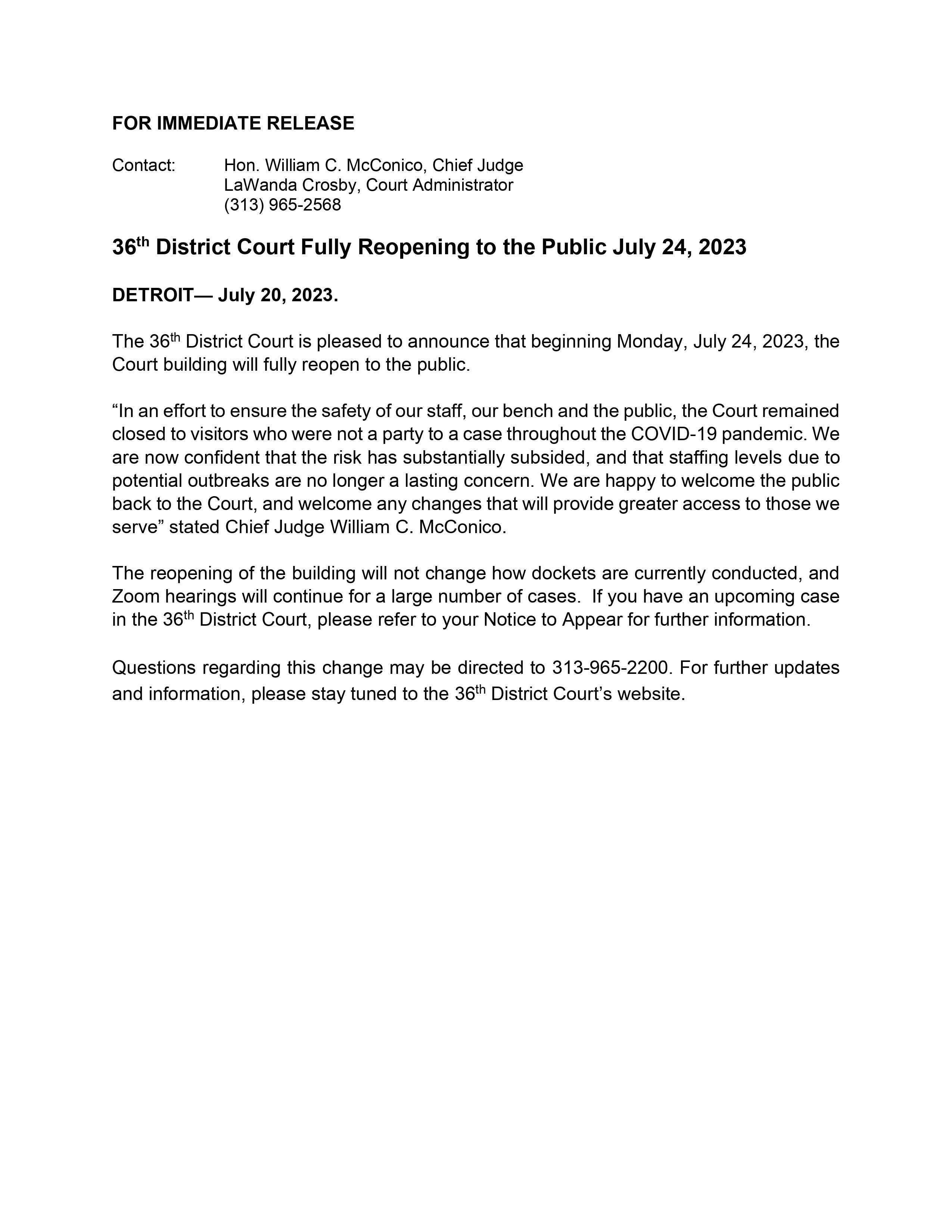 Press Release - Reopening