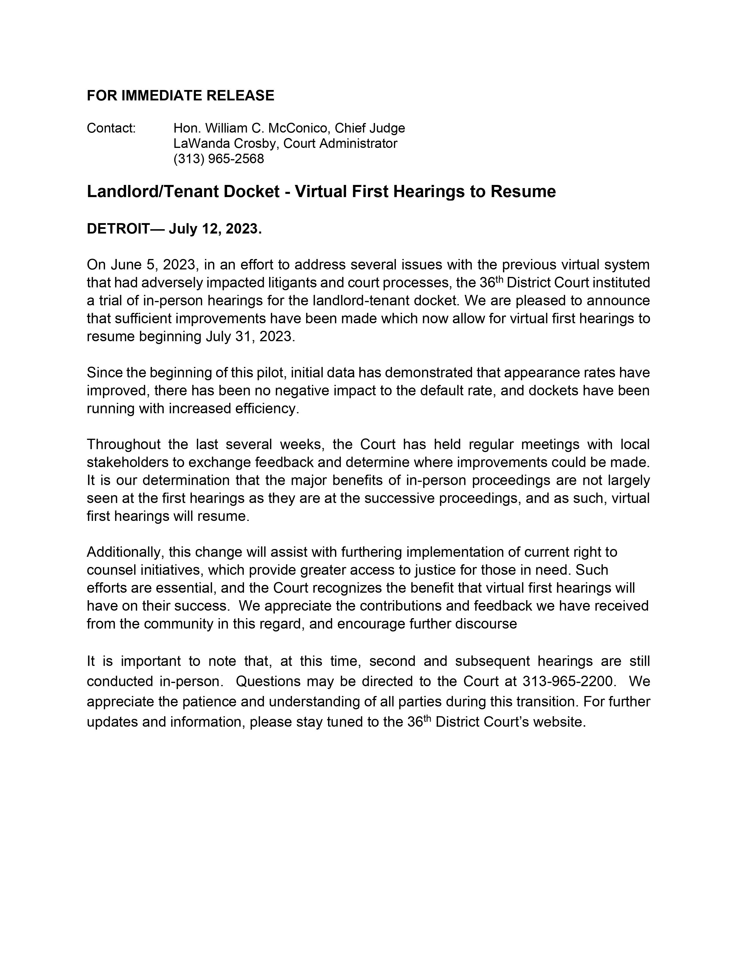 Press Release - Virtual First Hearings